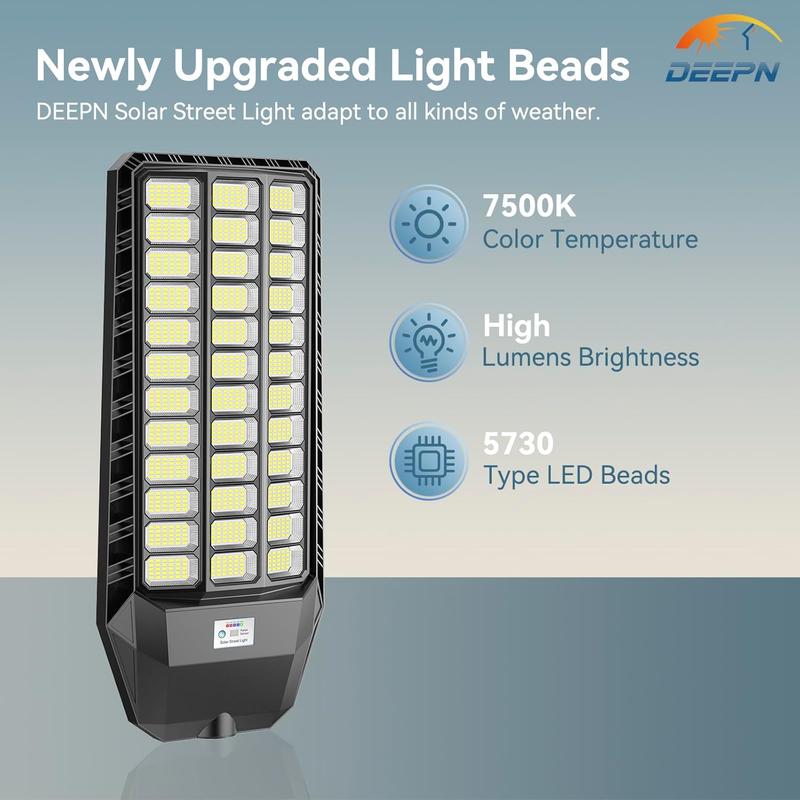 DEEPN 9000W IP67 Super Bright Solar Street Lights 650000 Lumens Energy Efficient LED Lamp Dusk to Dawn Motion Sensor Remote Control 3 Lighting Modes Waterproof Outdoor Lighting