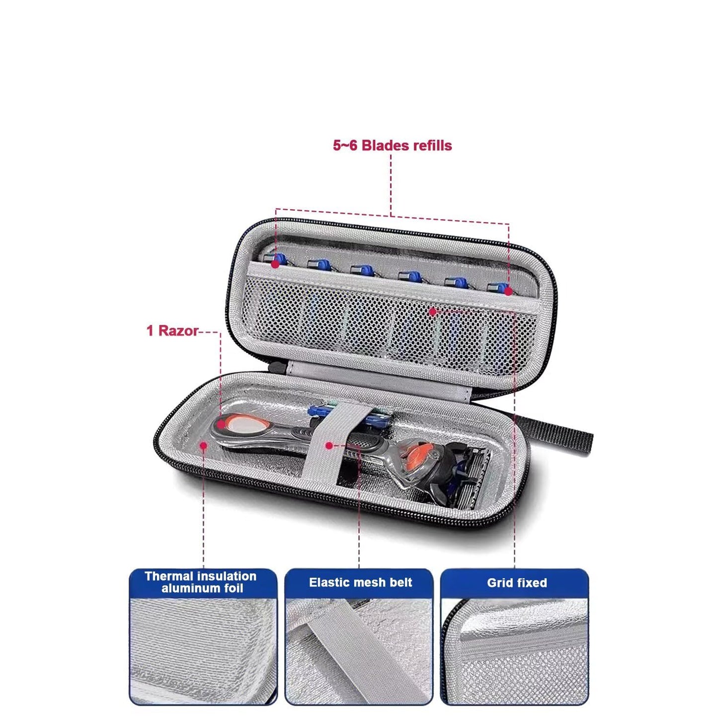 Razor Travel Case – Portable Hard EVA Storage Box for Men’s Shaving Tools, Waterproof Shockproof Organizer Bag Compatible with Gillette, Harry’s, and More, with Mesh Pocket & Elastic Strap, Perfect for Home, Business Trips, Gym and Travel
