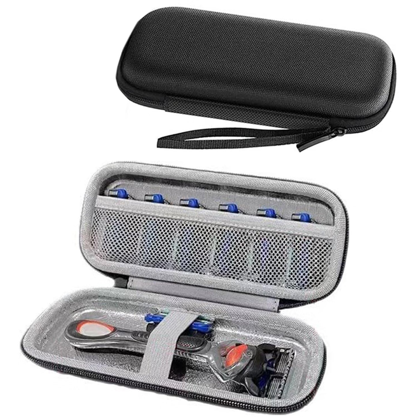 Razor Travel Case – Portable Hard EVA Storage Box for Men’s Shaving Tools, Waterproof Shockproof Organizer Bag Compatible with Gillette, Harry’s, and More, with Mesh Pocket & Elastic Strap, Perfect for Home, Business Trips, Gym and Travel